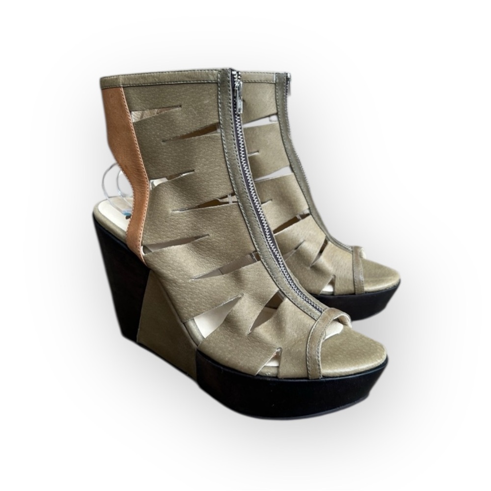 Farylrobin Gold and Tan Cutout Wedge Sandals